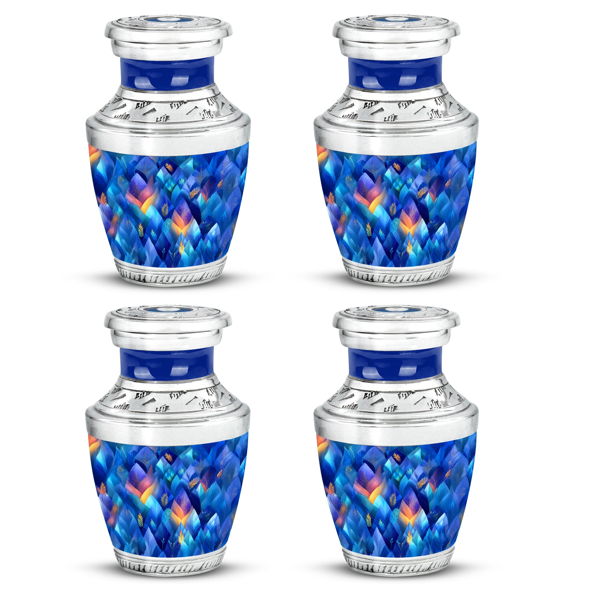 Dusty Blue Blue Cremation Urn back view with polished surface - contemporary blue design with modern artistic flair - 10 inch aluminum urn for cremated remains