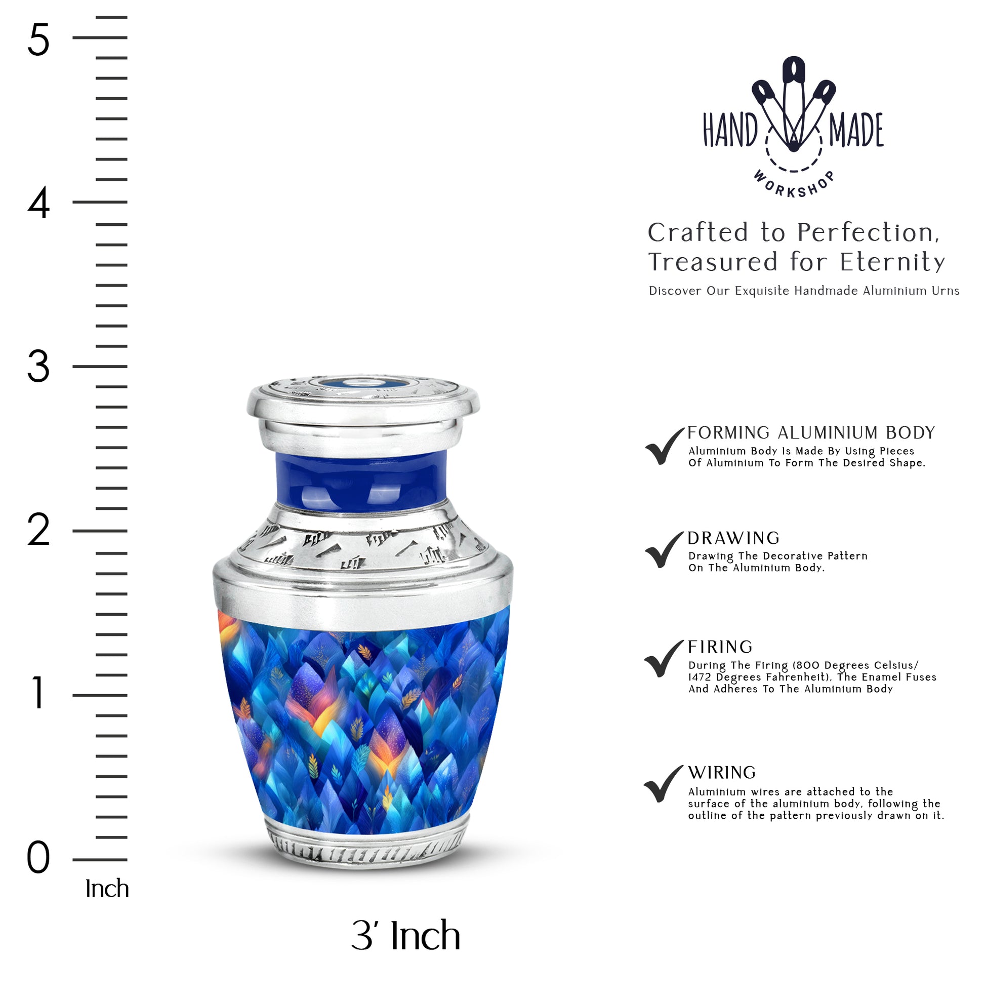 Azure Blue Cremation Urn top-down view of secure threaded lid - modern art-inspired blue motif on sleek aluminum - mini keepsake memorial for portion of cremation ashes