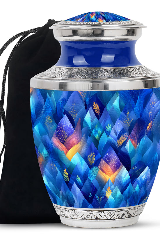 Navy Blue Blue Cremation Urn side profile showing urn shape - contemporary blue design with modern artistic flair - full-size 10 inch 200 cubic inch adult cremation urn