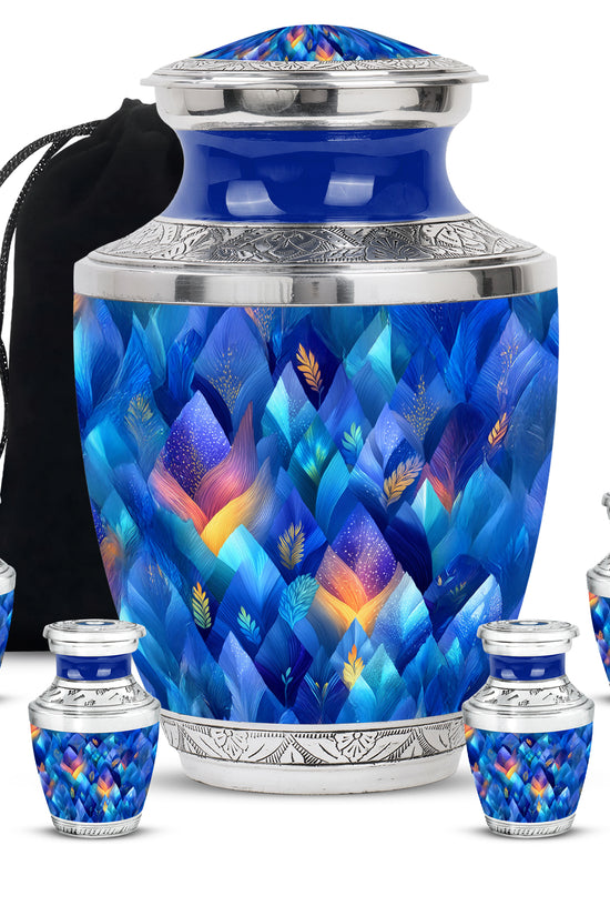 Celestial Blue Blue Cremation Urn lifestyle display on memorial shelf - contemporary blue design with modern artistic flair - memorial set with one large and four small urns