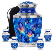 Celestial Blue Blue Cremation Urn lifestyle display on memorial shelf - contemporary blue design with modern artistic flair - memorial set with one large and four small urns