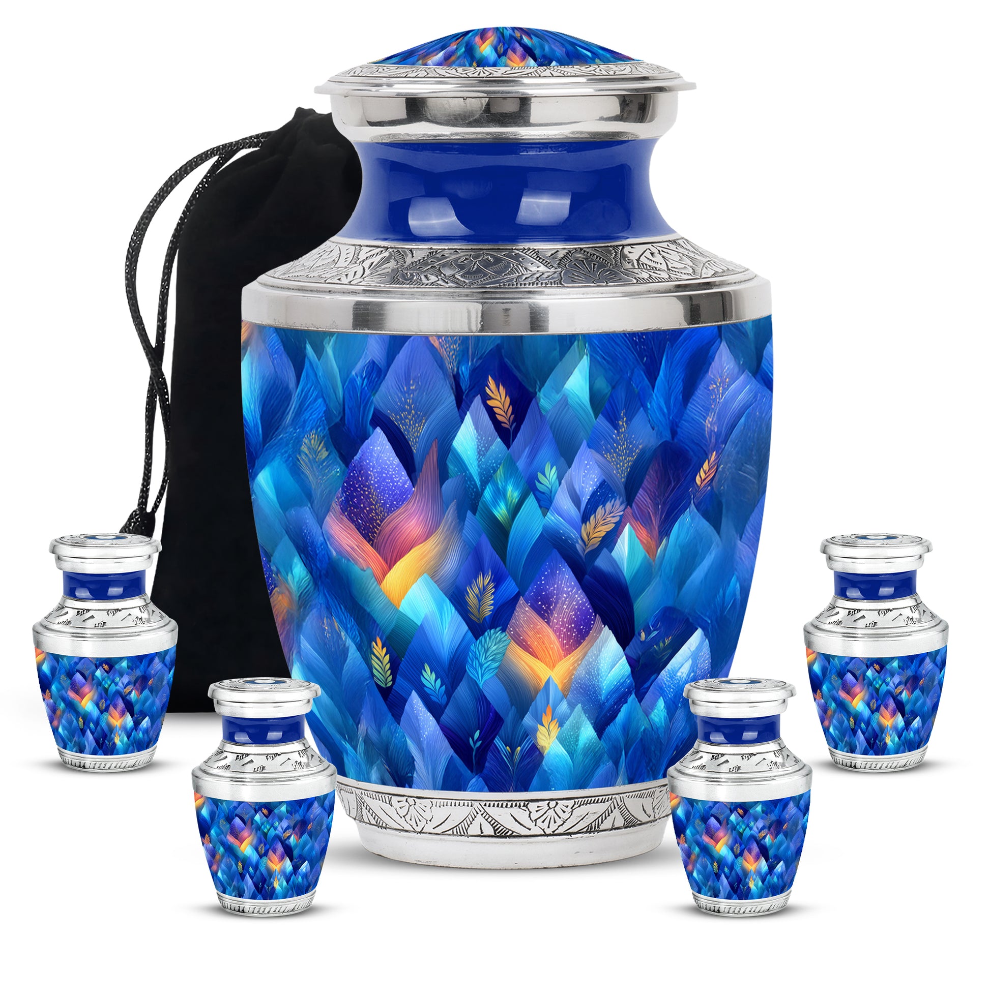 Celestial Blue Blue Cremation Urn lifestyle display on memorial shelf - contemporary blue design with modern artistic flair - memorial set with one large and four small urns