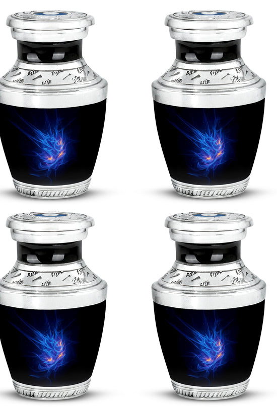 Cornflower Blue Blue Cremation Urn back view with polished surface - artistic blue interpretation with creative detail - 10 inch aluminum urn for cremated remains