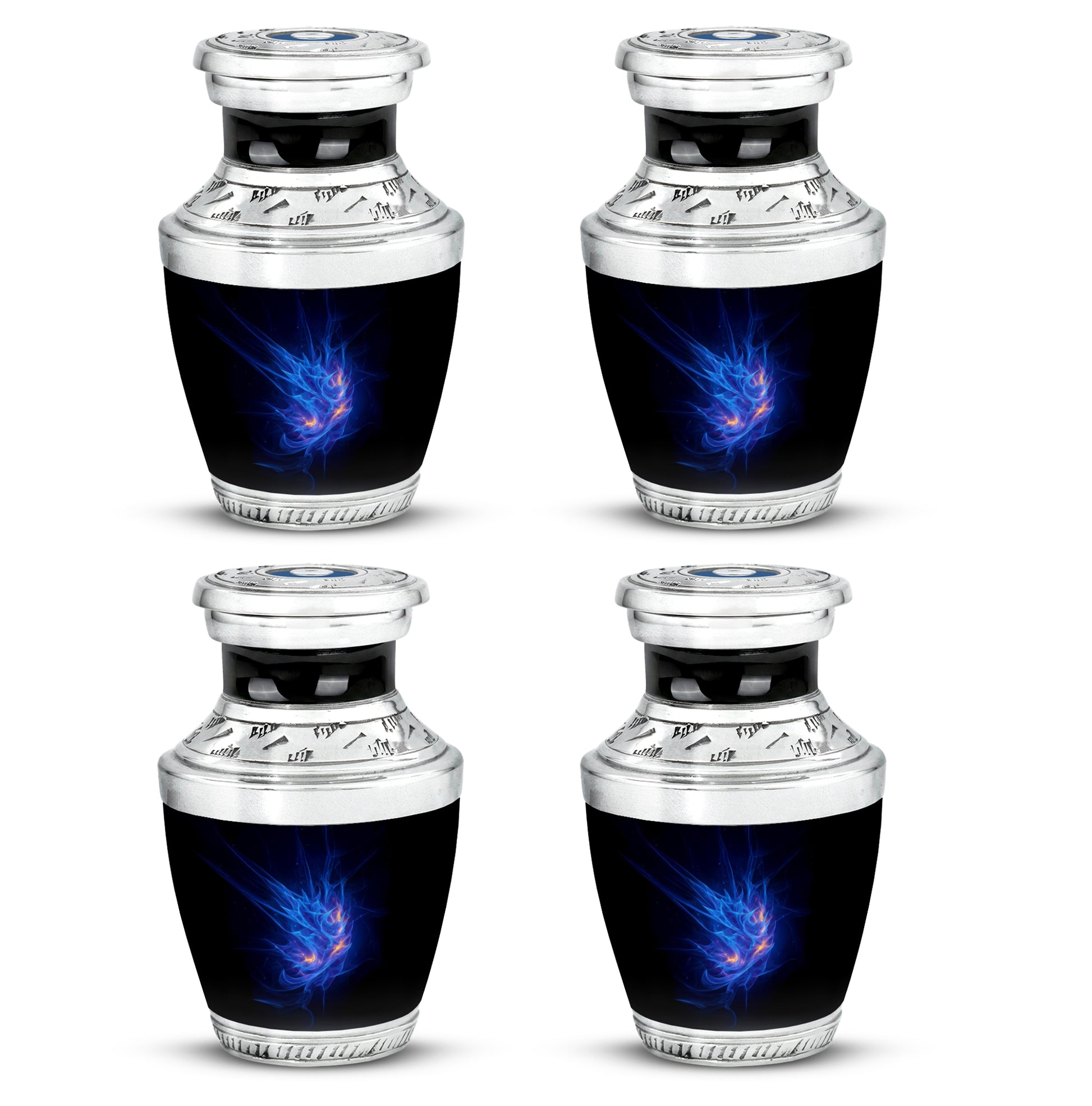 Cornflower Blue Blue Cremation Urn back view with polished surface - artistic blue interpretation with creative detail - 10 inch aluminum urn for cremated remains