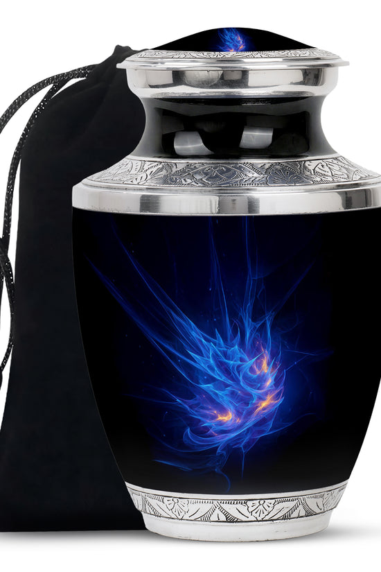 Sky Blue Blue Cremation Urn side profile showing urn shape - modern art-inspired blue motif on sleek aluminum - full-size 10 inch 200 cubic inch adult cremation urn