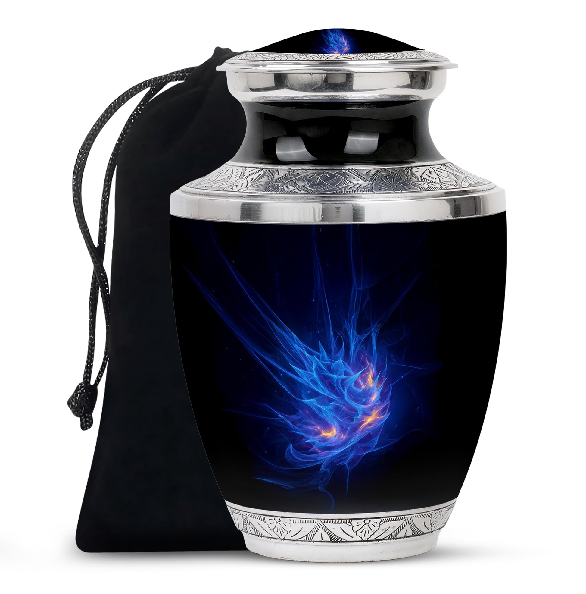 Sky Blue Blue Cremation Urn side profile showing urn shape - modern art-inspired blue motif on sleek aluminum - full-size 10 inch 200 cubic inch adult cremation urn