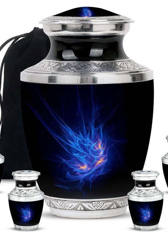Steel Blue Blue Cremation Urn lifestyle display on memorial shelf - stylized abstract blue pattern with bold lines - memorial set with one large and four small urns