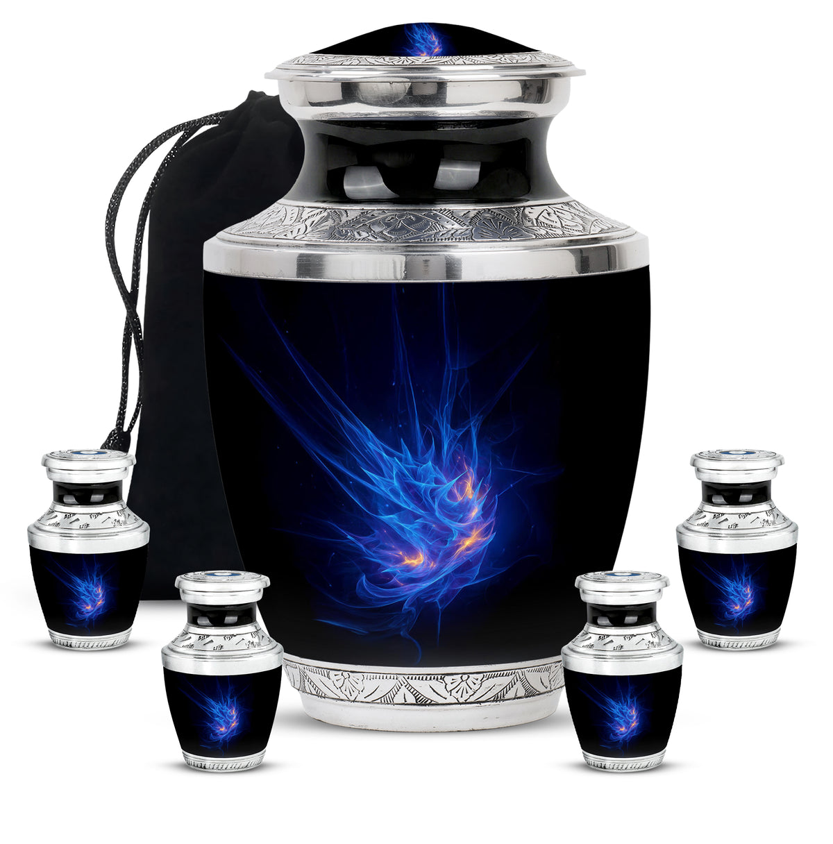 Steel Blue Blue Cremation Urn lifestyle display on memorial shelf - stylized abstract blue pattern with bold lines - memorial set with one large and four small urns