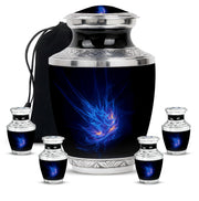 Steel Blue Blue Cremation Urn lifestyle display on memorial shelf - stylized abstract blue pattern with bold lines - memorial set with one large and four small urns