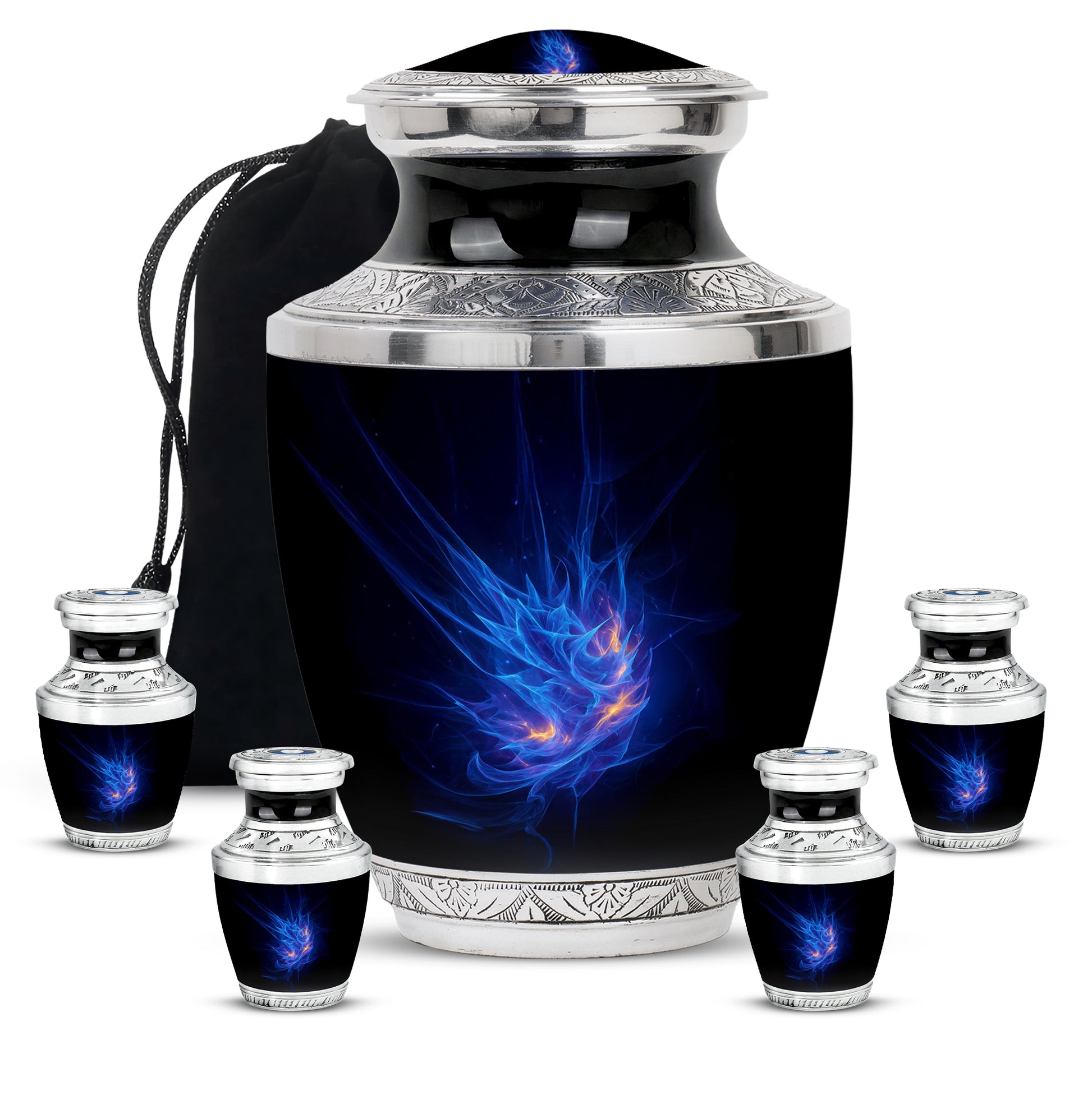 Steel Blue Blue Cremation Urn lifestyle display on memorial shelf - stylized abstract blue pattern with bold lines - memorial set with one large and four small urns