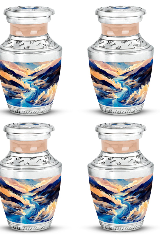 Pastel Blue Blue Cremation Urn back view with polished surface - modern art-inspired blue motif on sleek aluminum - 10 inch aluminum urn for cremated remains