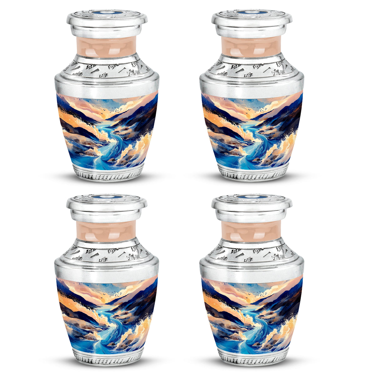 Pastel Blue Blue Cremation Urn back view with polished surface - modern art-inspired blue motif on sleek aluminum - 10 inch aluminum urn for cremated remains
