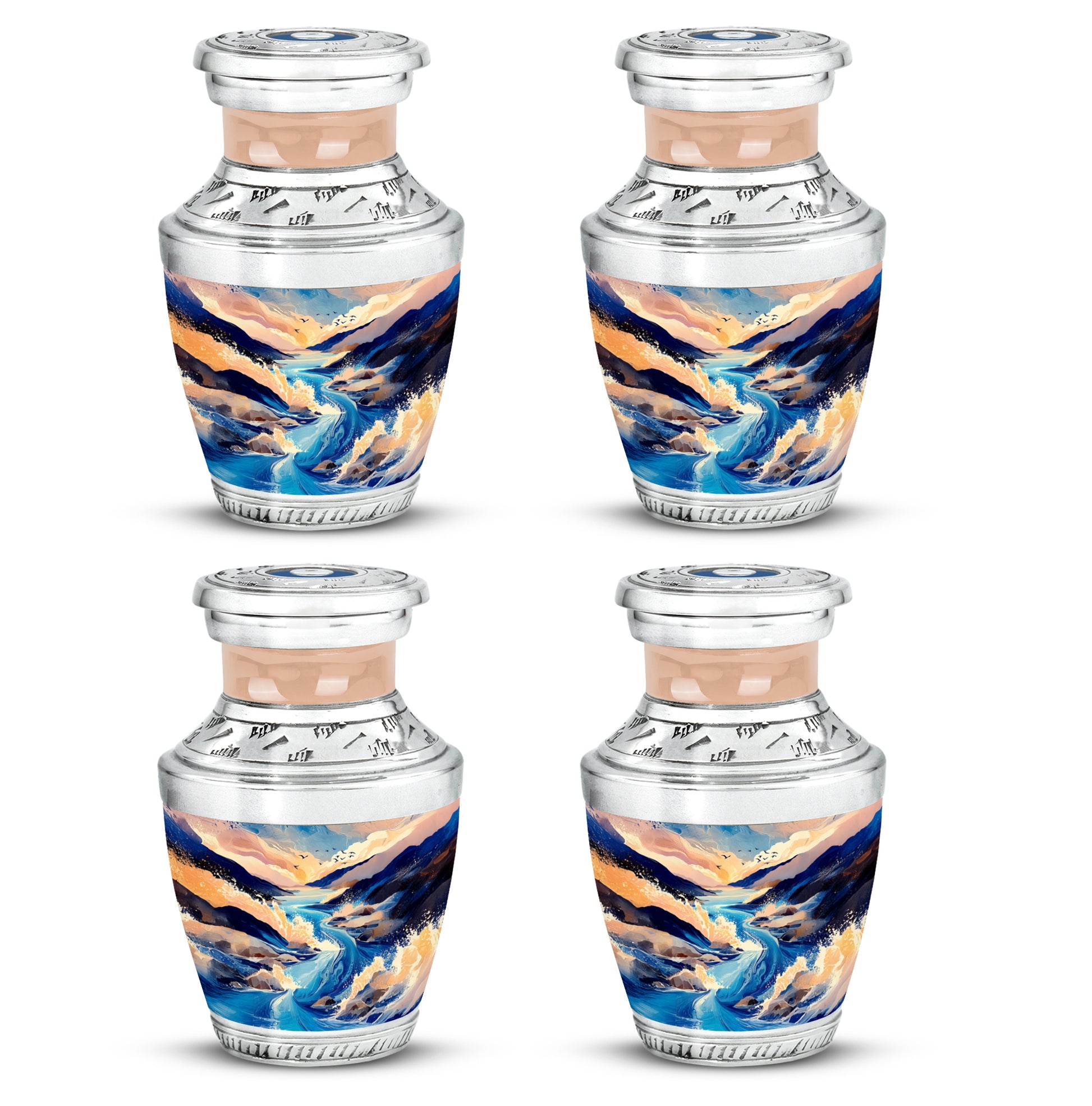 Pastel Blue Blue Cremation Urn back view with polished surface - modern art-inspired blue motif on sleek aluminum - 10 inch aluminum urn for cremated remains