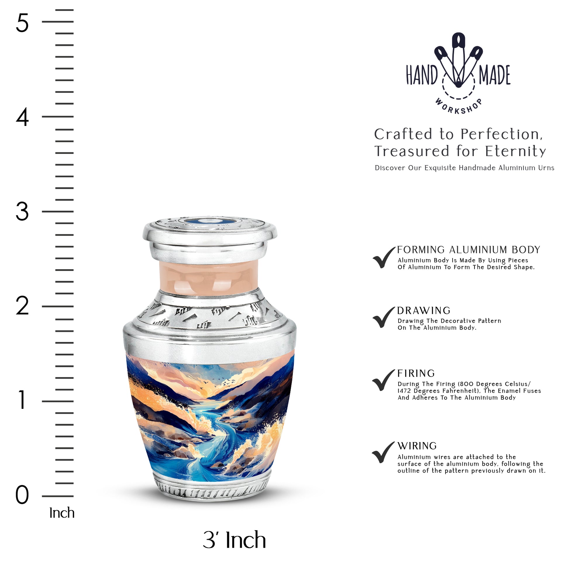Dusty Blue Blue Cremation Urn top-down view of secure threaded lid - contemporary blue design with modern artistic flair - mini keepsake memorial for portion of cremation ashes