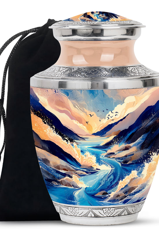 Powder Blue Blue Cremation Urn side profile showing urn shape - contemporary blue design with modern artistic flair - full-size 10 inch 200 cubic inch adult cremation urn