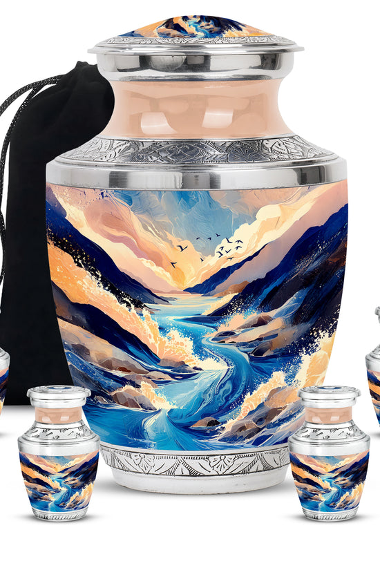 Bright Blue Blue Cremation Urn lifestyle display on memorial shelf - artistic blue interpretation with creative detail - memorial set with one large and four small urns