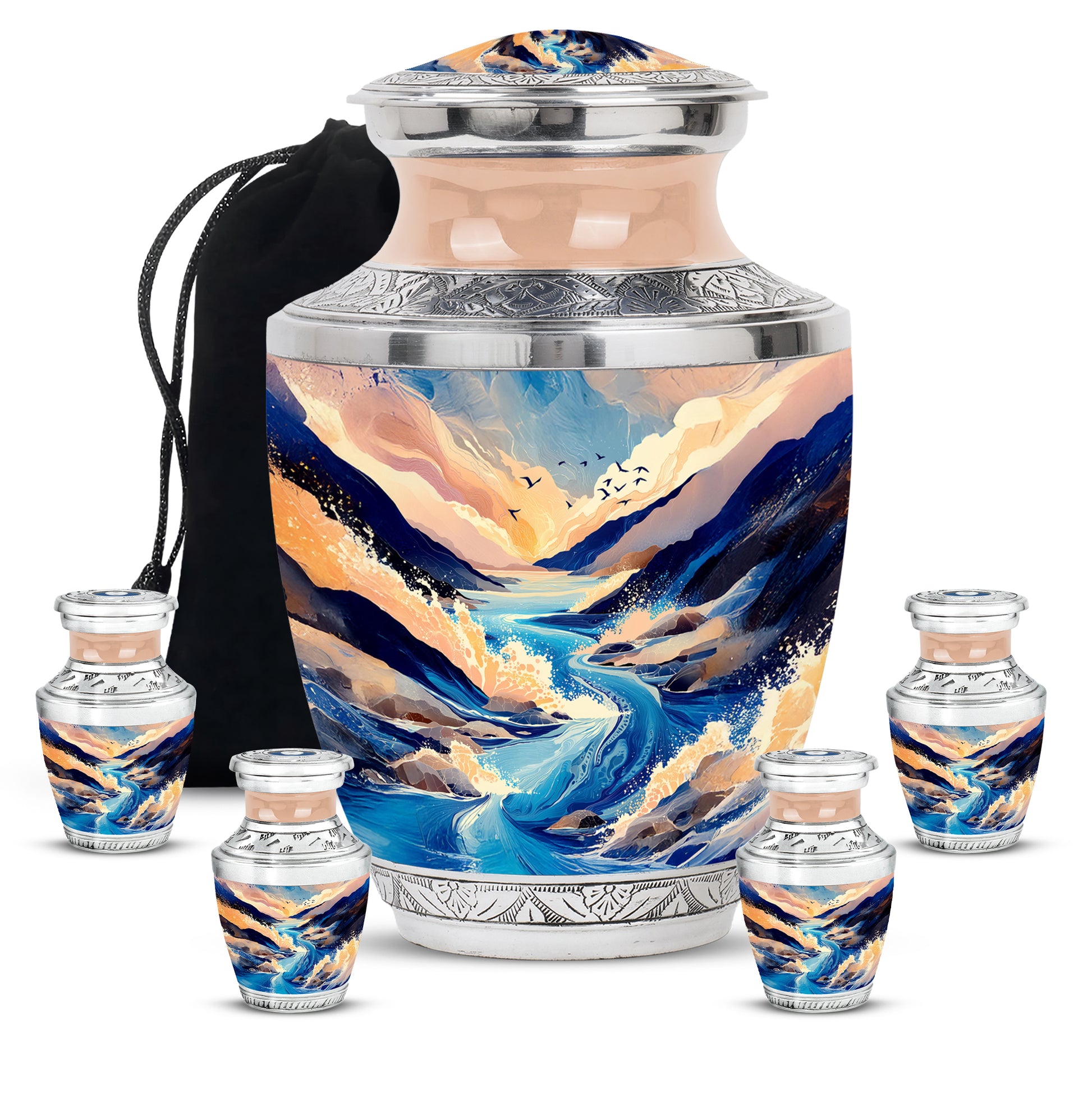 Bright Blue Blue Cremation Urn lifestyle display on memorial shelf - artistic blue interpretation with creative detail - memorial set with one large and four small urns