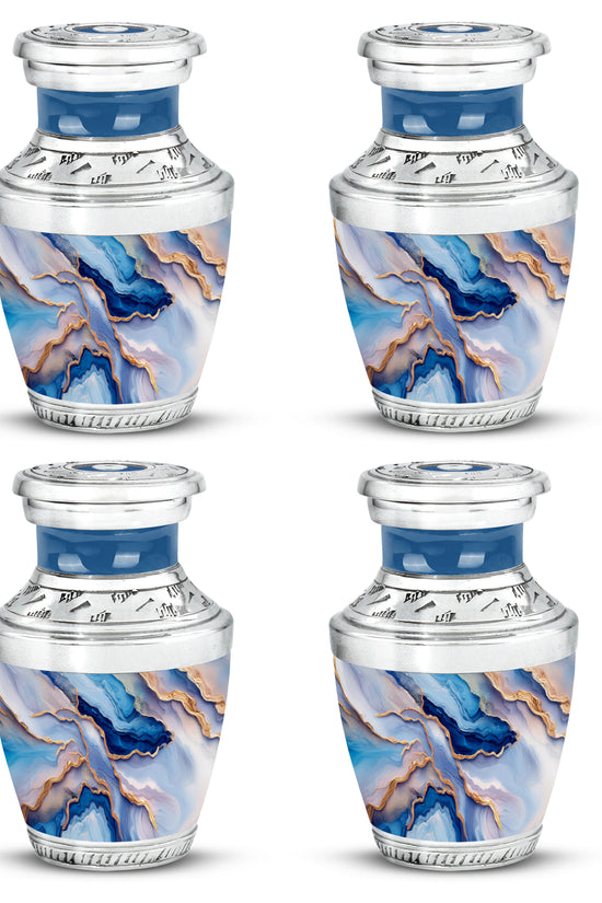 Calming Blue Blue Cremation Urn back view with polished surface - artistic blue interpretation with creative detail - 10 inch aluminum urn for cremated remains