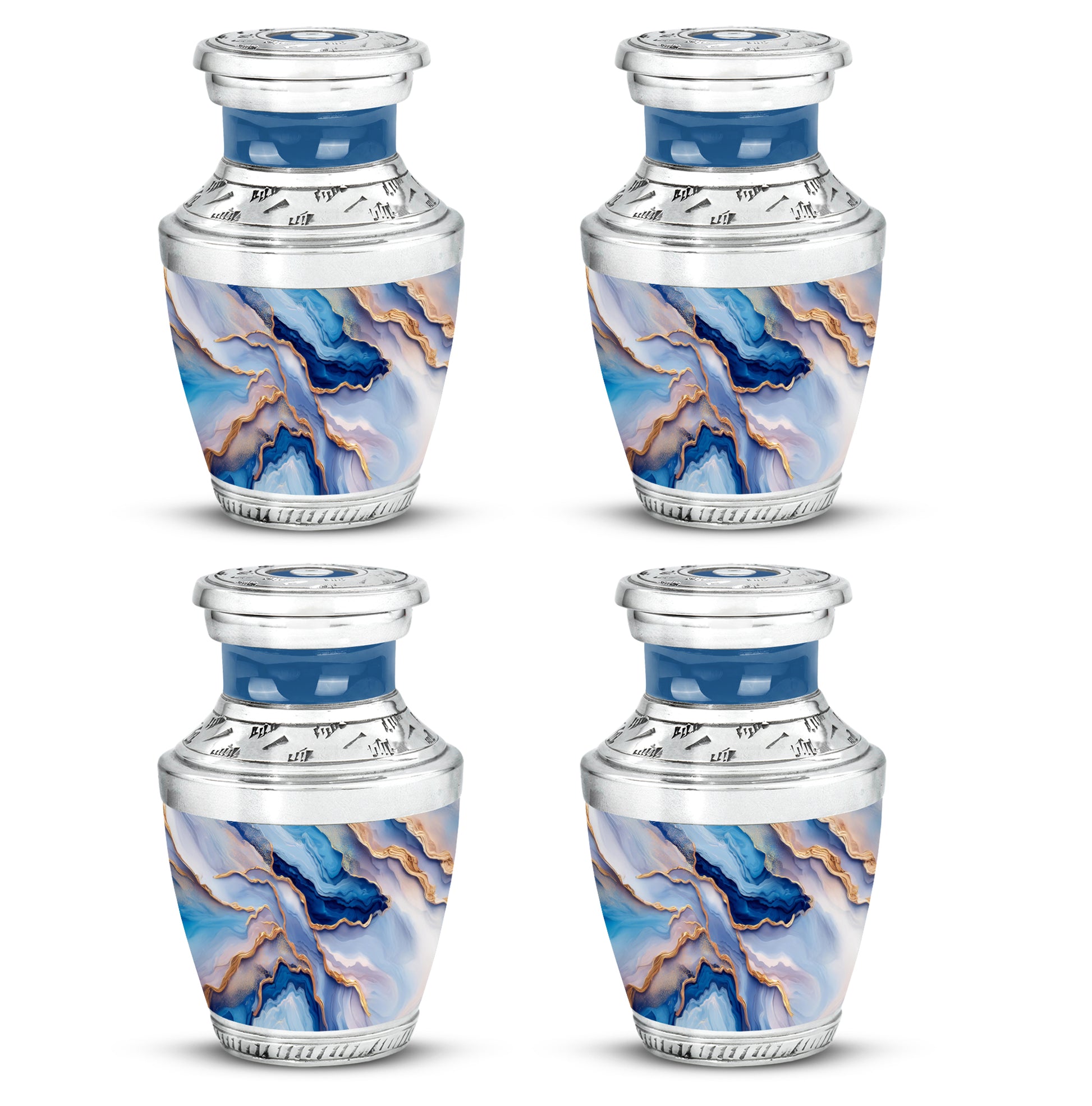 Calming Blue Blue Cremation Urn back view with polished surface - artistic blue interpretation with creative detail - 10 inch aluminum urn for cremated remains