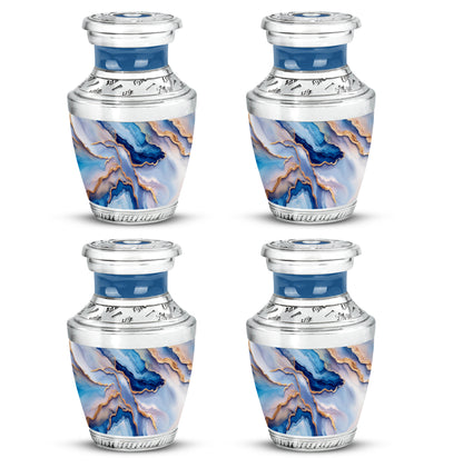 Calming Blue Blue Cremation Urn back view with polished surface - artistic blue interpretation with creative detail - 10 inch aluminum urn for cremated remains