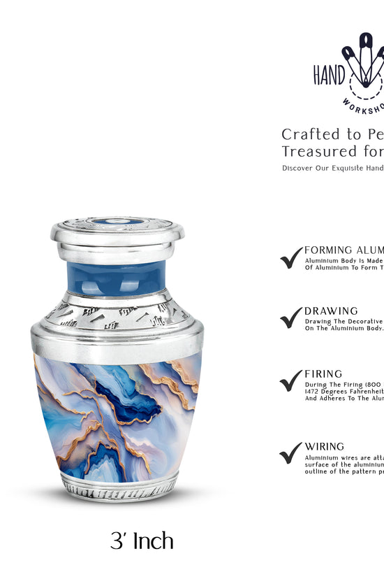 Vivid Blue Blue Cremation Urn top-down view of secure threaded lid - artistic blue interpretation with creative detail - mini keepsake memorial for portion of cremation ashes
