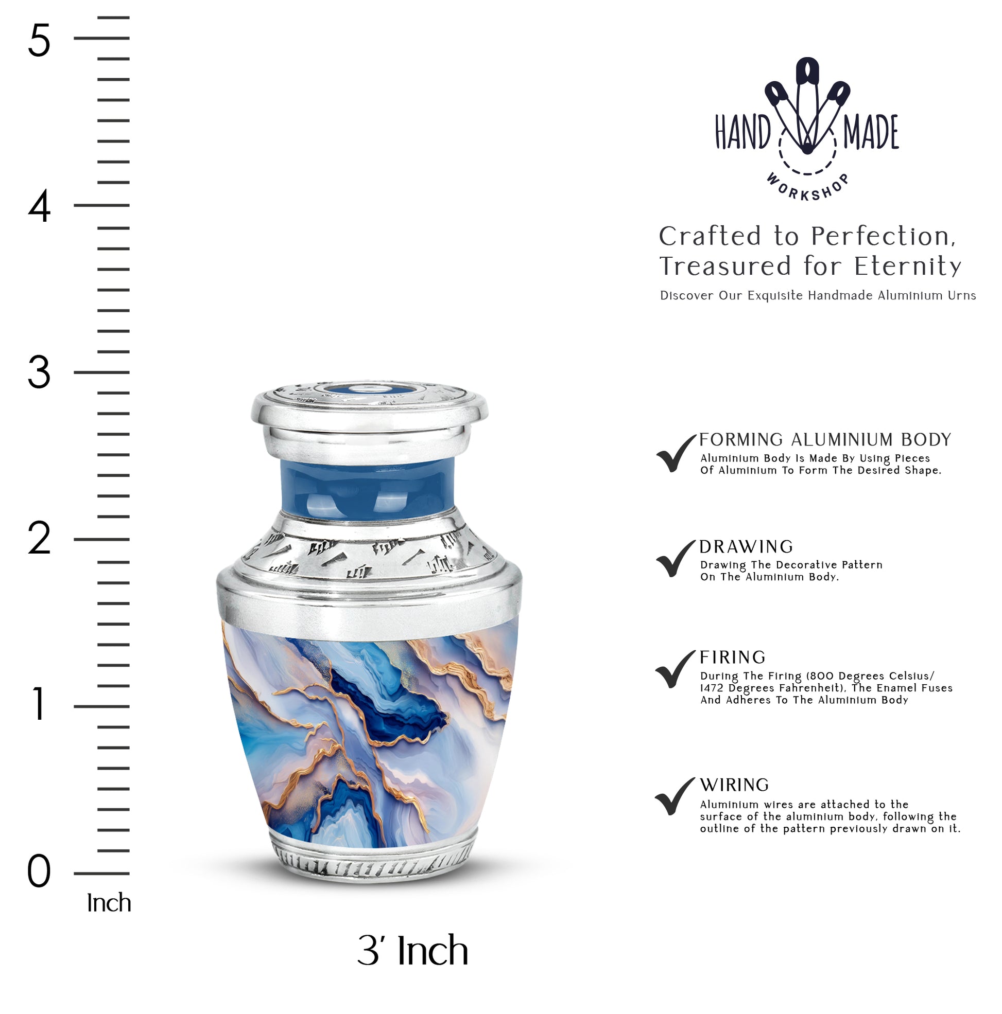 Vivid Blue Blue Cremation Urn top-down view of secure threaded lid - artistic blue interpretation with creative detail - mini keepsake memorial for portion of cremation ashes