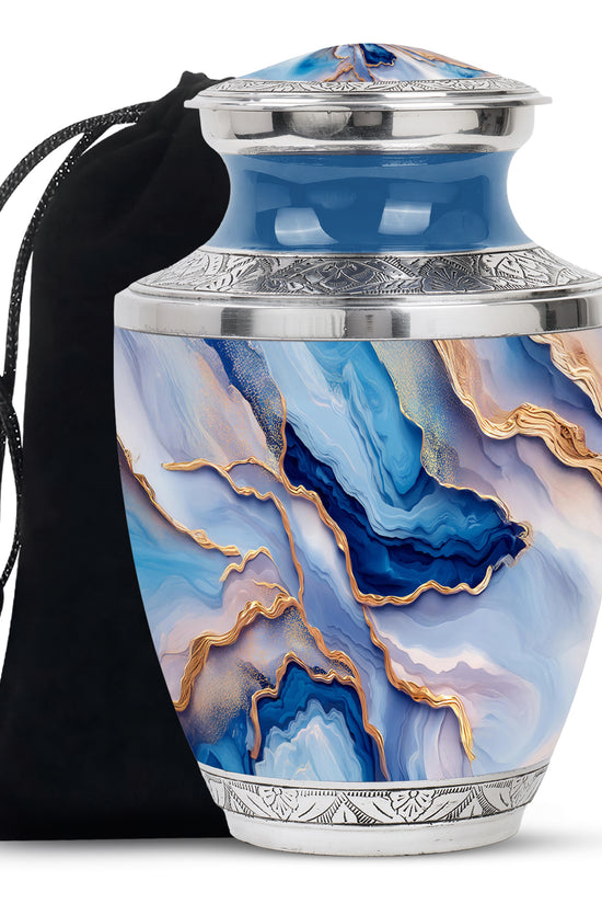 Misty Blue Blue Cremation Urn side profile showing urn shape - modern art-inspired blue motif on sleek aluminum - full-size 10 inch 200 cubic inch adult cremation urn