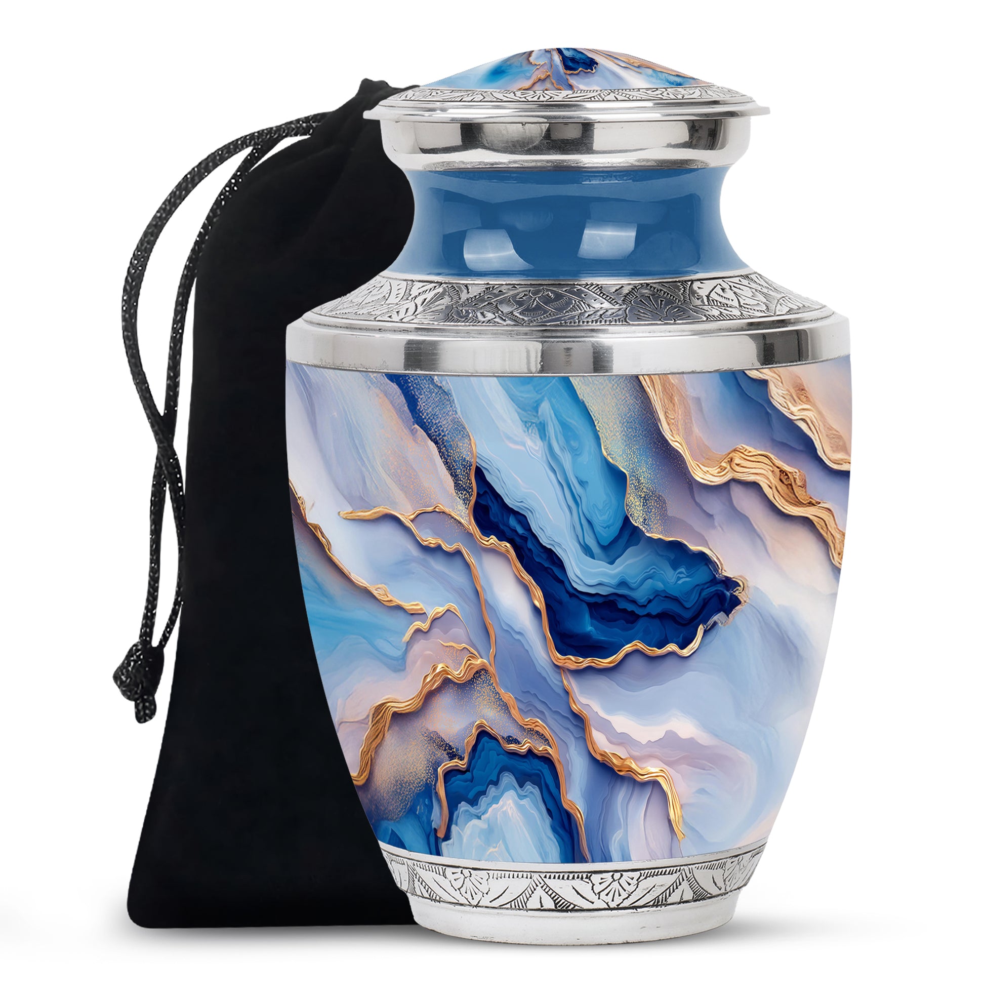 Misty Blue Blue Cremation Urn side profile showing urn shape - modern art-inspired blue motif on sleek aluminum - full-size 10 inch 200 cubic inch adult cremation urn