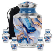 Twilight Blue Blue Cremation Urn lifestyle display on memorial shelf - artistic blue interpretation with creative detail - memorial set with one large and four small urns