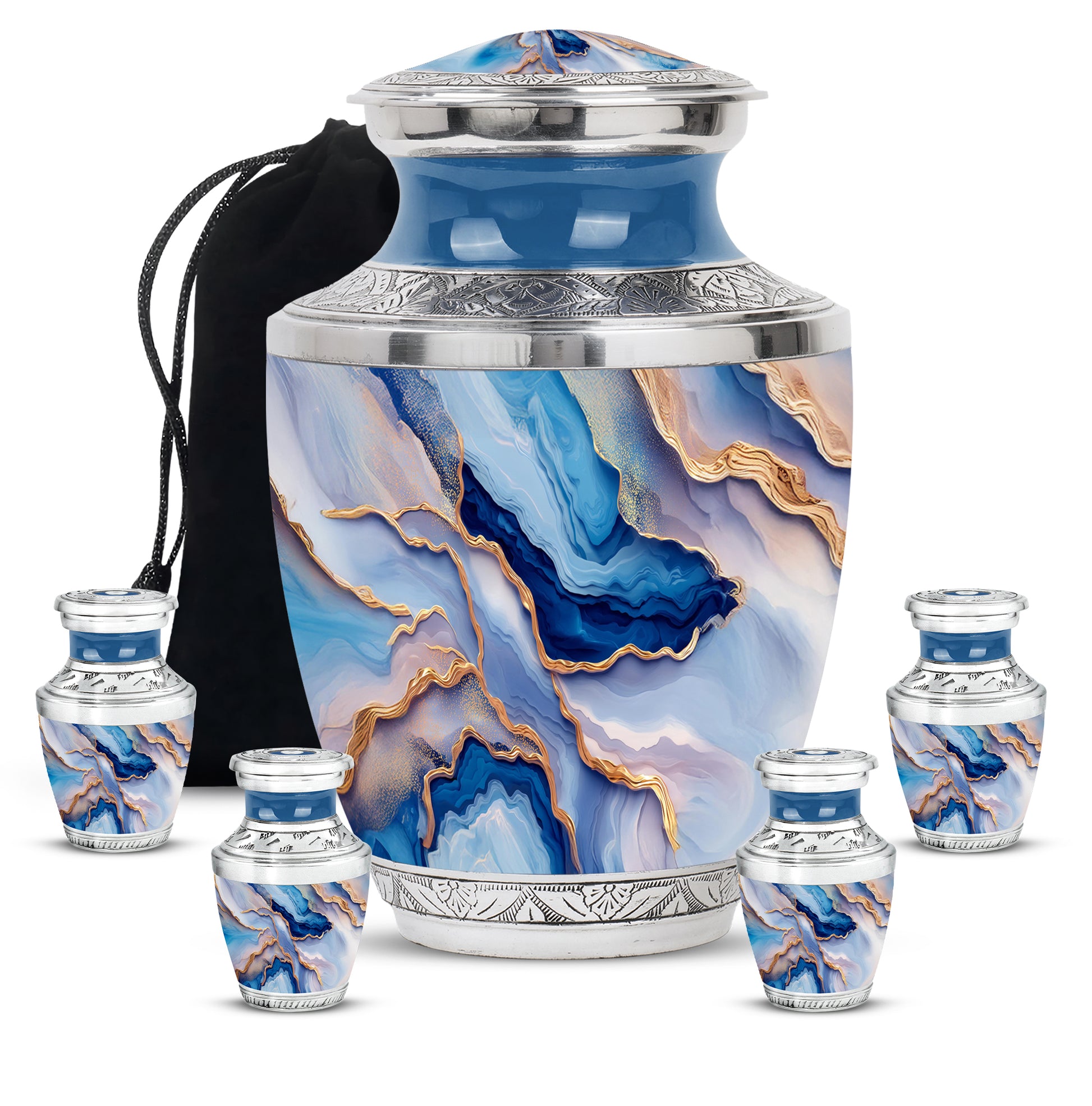 Twilight Blue Blue Cremation Urn lifestyle display on memorial shelf - artistic blue interpretation with creative detail - memorial set with one large and four small urns