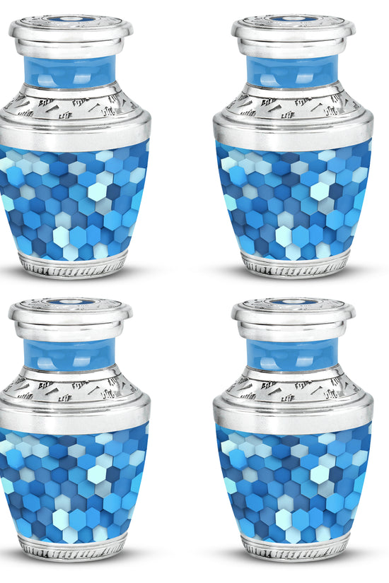 Royal Blue Blue Cremation Urn back view with polished surface - stylized abstract blue pattern with bold lines - 10 inch aluminum urn for cremated remains