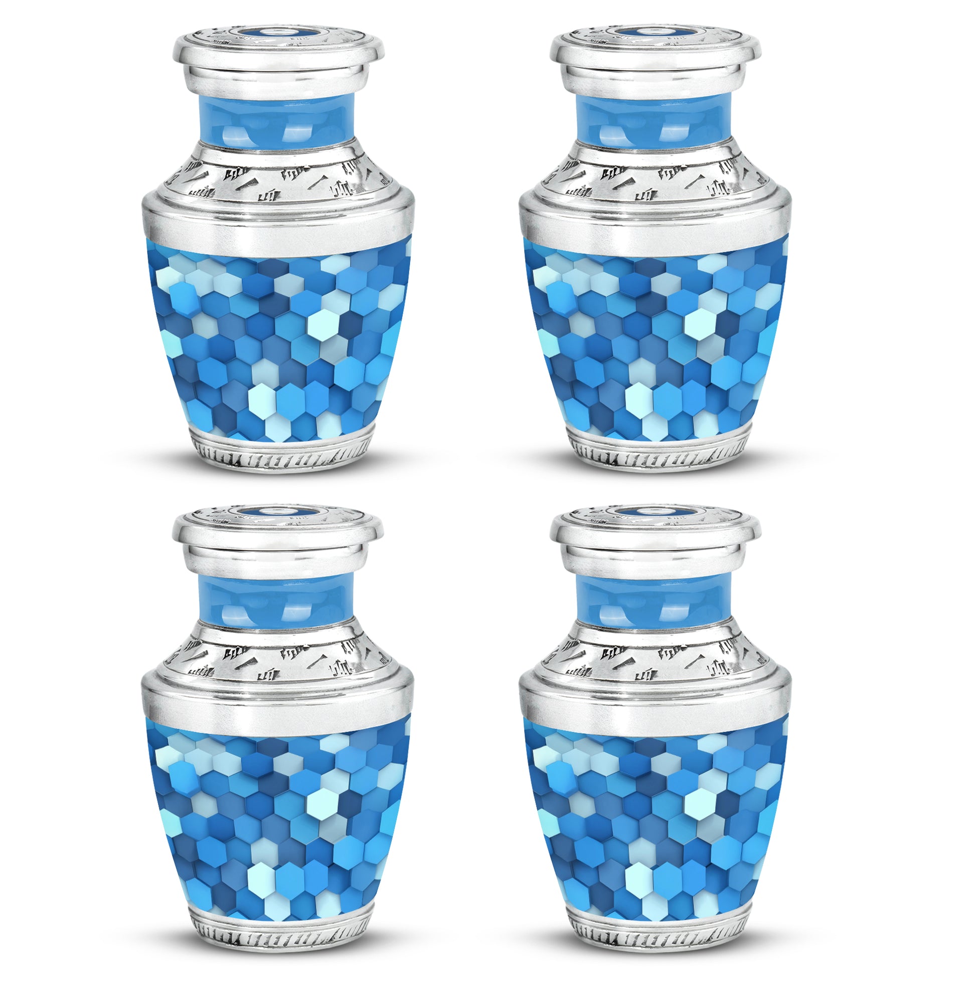 Royal Blue Blue Cremation Urn back view with polished surface - stylized abstract blue pattern with bold lines - 10 inch aluminum urn for cremated remains