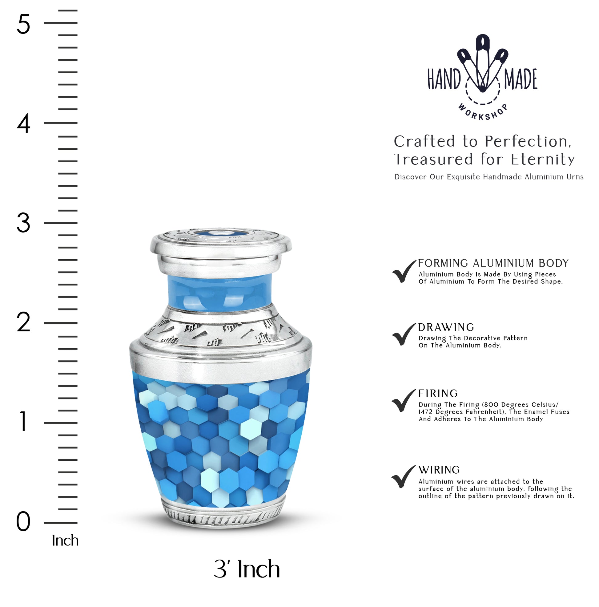 Calming Blue Blue Cremation Urn top-down view of secure threaded lid - stylized abstract blue pattern with bold lines - mini keepsake memorial for portion of cremation ashes