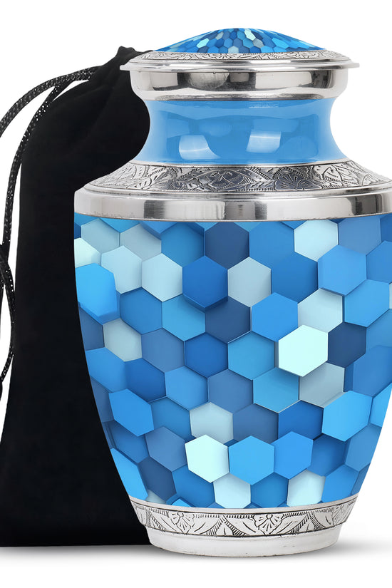 Celestial Blue Blue Cremation Urn side profile showing urn shape - contemporary blue design with modern artistic flair - full-size 10 inch 200 cubic inch adult cremation urn