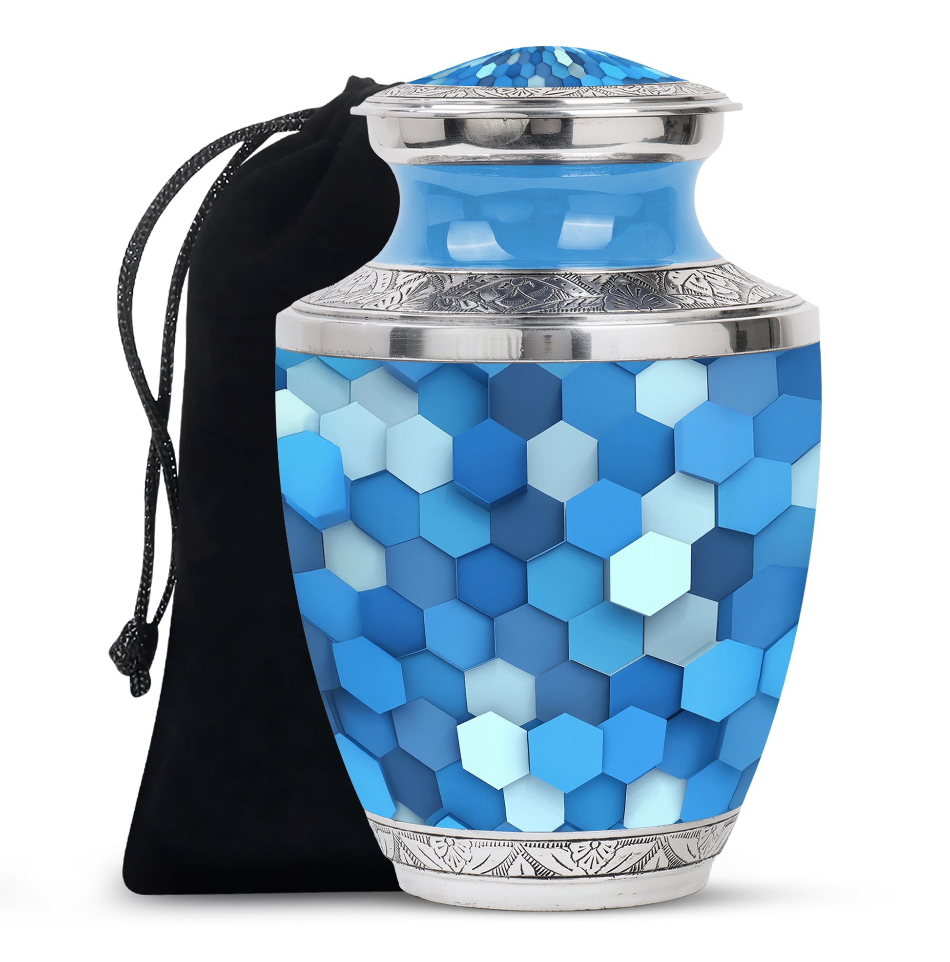 Celestial Blue Blue Cremation Urn side profile showing urn shape - contemporary blue design with modern artistic flair - full-size 10 inch 200 cubic inch adult cremation urn