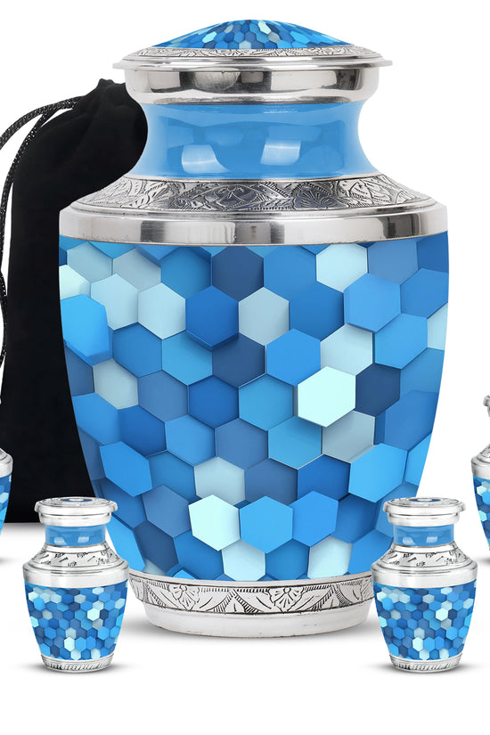 Cobalt Blue Blue Cremation Urn lifestyle display on memorial shelf - artistic blue interpretation with creative detail - memorial set with one large and four small urns