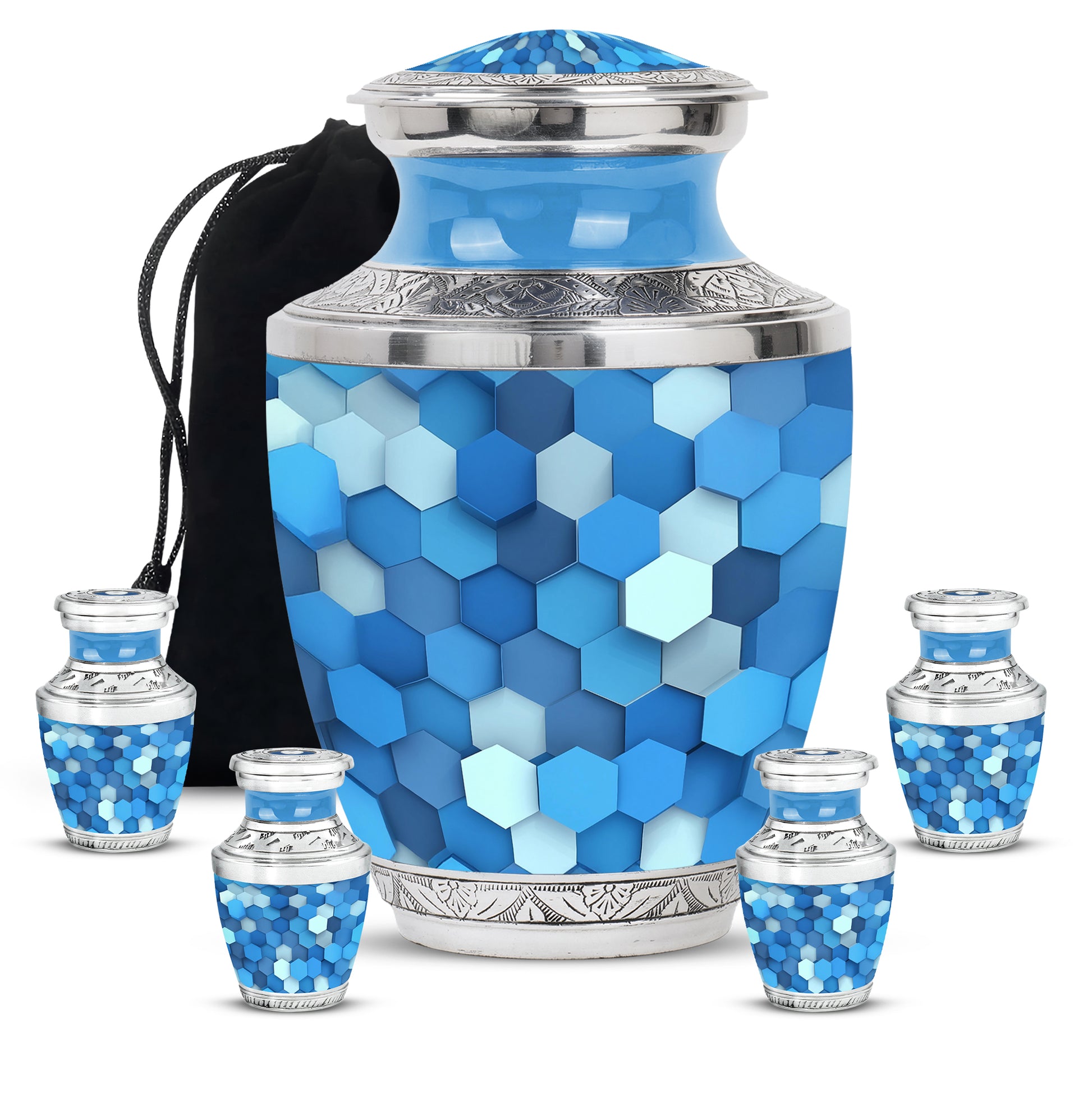 Cobalt Blue Blue Cremation Urn lifestyle display on memorial shelf - artistic blue interpretation with creative detail - memorial set with one large and four small urns