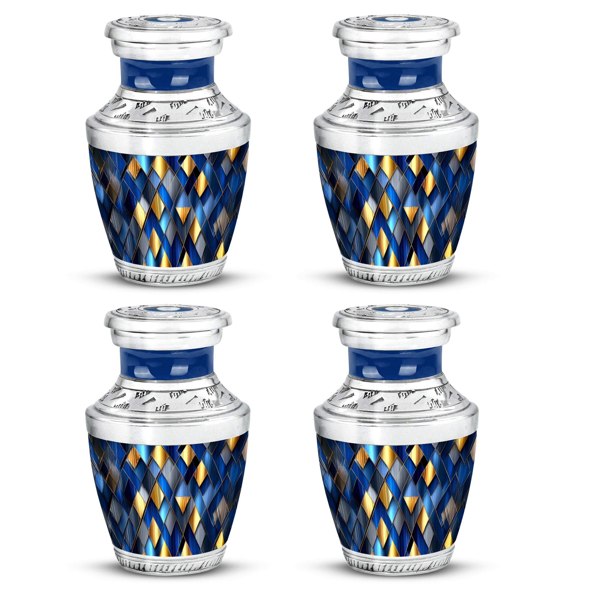Misty Blue Blue Cremation Urn back view with polished surface - modern art-inspired blue motif on sleek aluminum - 10 inch aluminum urn for cremated remains