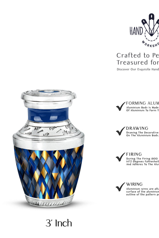 Royal Blue Blue Cremation Urn top-down view of secure threaded lid - artistic blue interpretation with creative detail - mini keepsake memorial for portion of cremation ashes