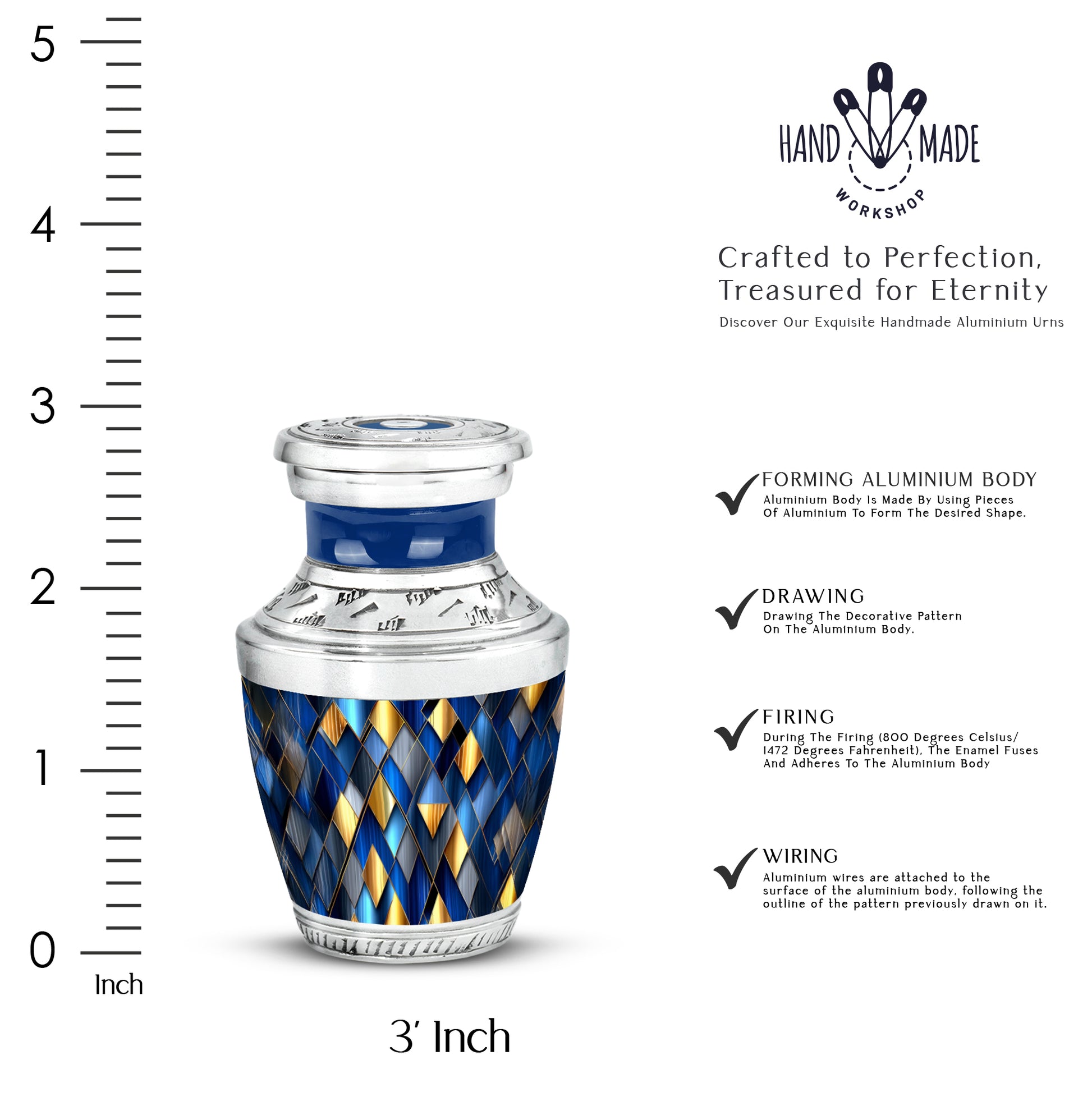 Royal Blue Blue Cremation Urn top-down view of secure threaded lid - artistic blue interpretation with creative detail - mini keepsake memorial for portion of cremation ashes
