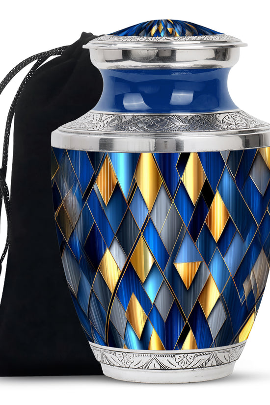 Bright Blue Blue Cremation Urn side profile showing urn shape - artistic blue interpretation with creative detail - full-size 10 inch 200 cubic inch adult cremation urn