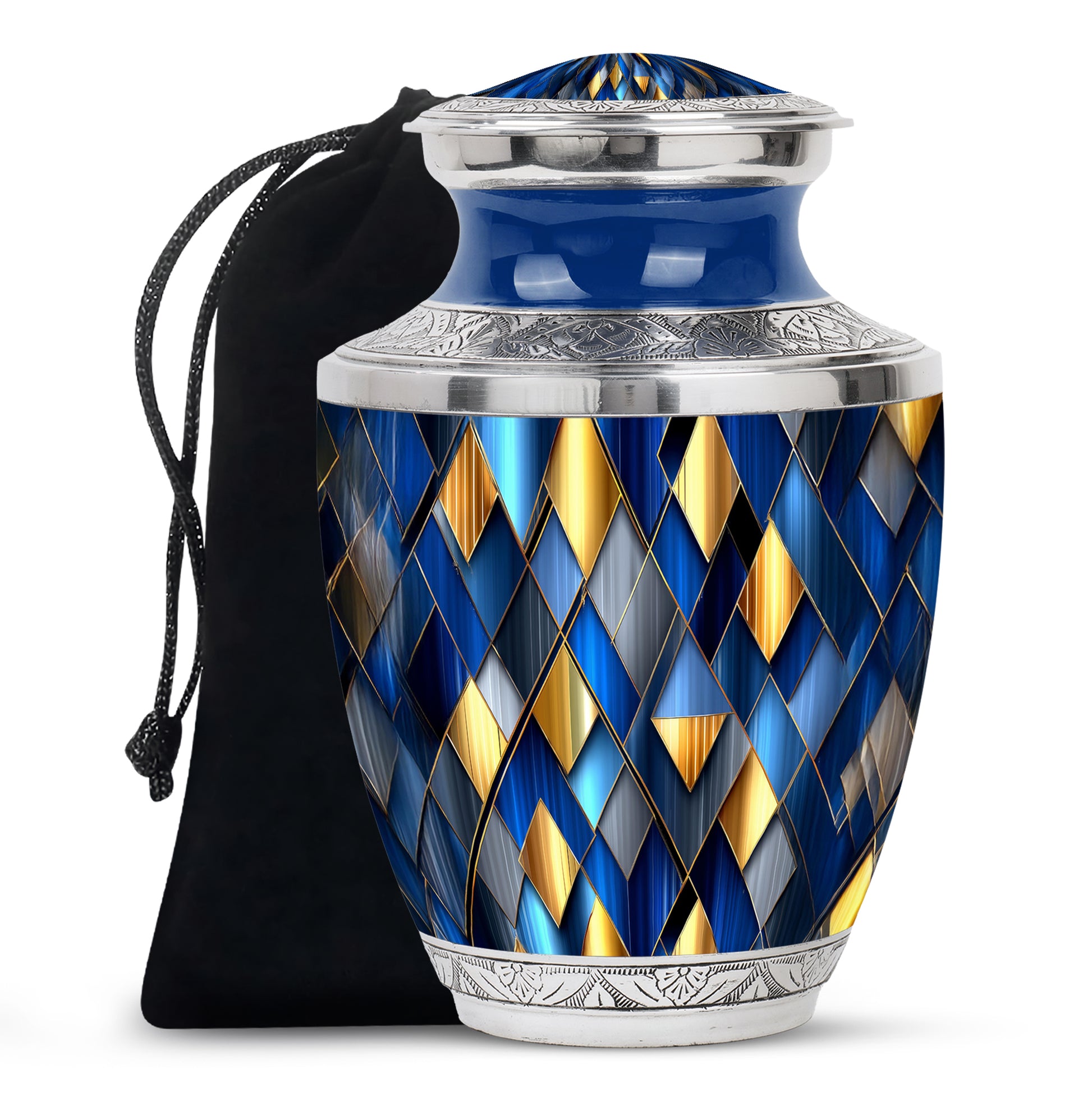 Bright Blue Blue Cremation Urn side profile showing urn shape - artistic blue interpretation with creative detail - full-size 10 inch 200 cubic inch adult cremation urn