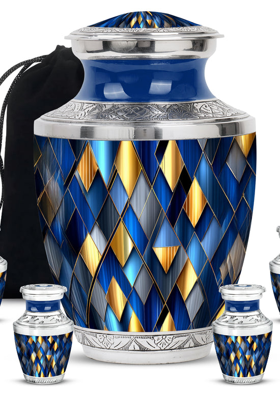 Soft Blue Blue Cremation Urn lifestyle display on memorial shelf - stylized abstract blue pattern with bold lines - memorial set with one large and four small urns