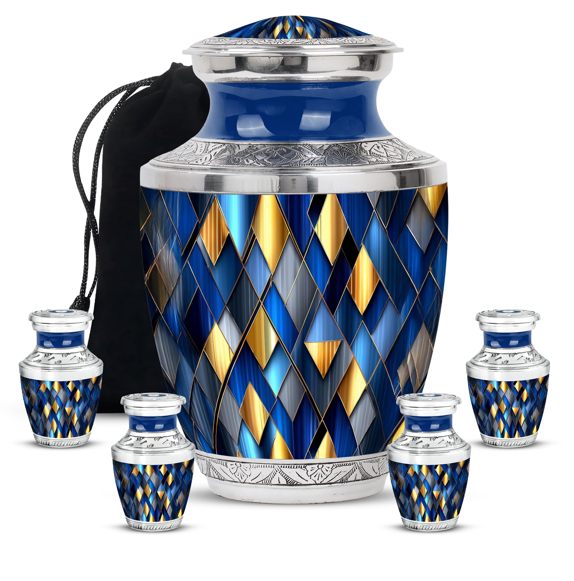 Soft Blue Blue Cremation Urn lifestyle display on memorial shelf - stylized abstract blue pattern with bold lines - memorial set with one large and four small urns