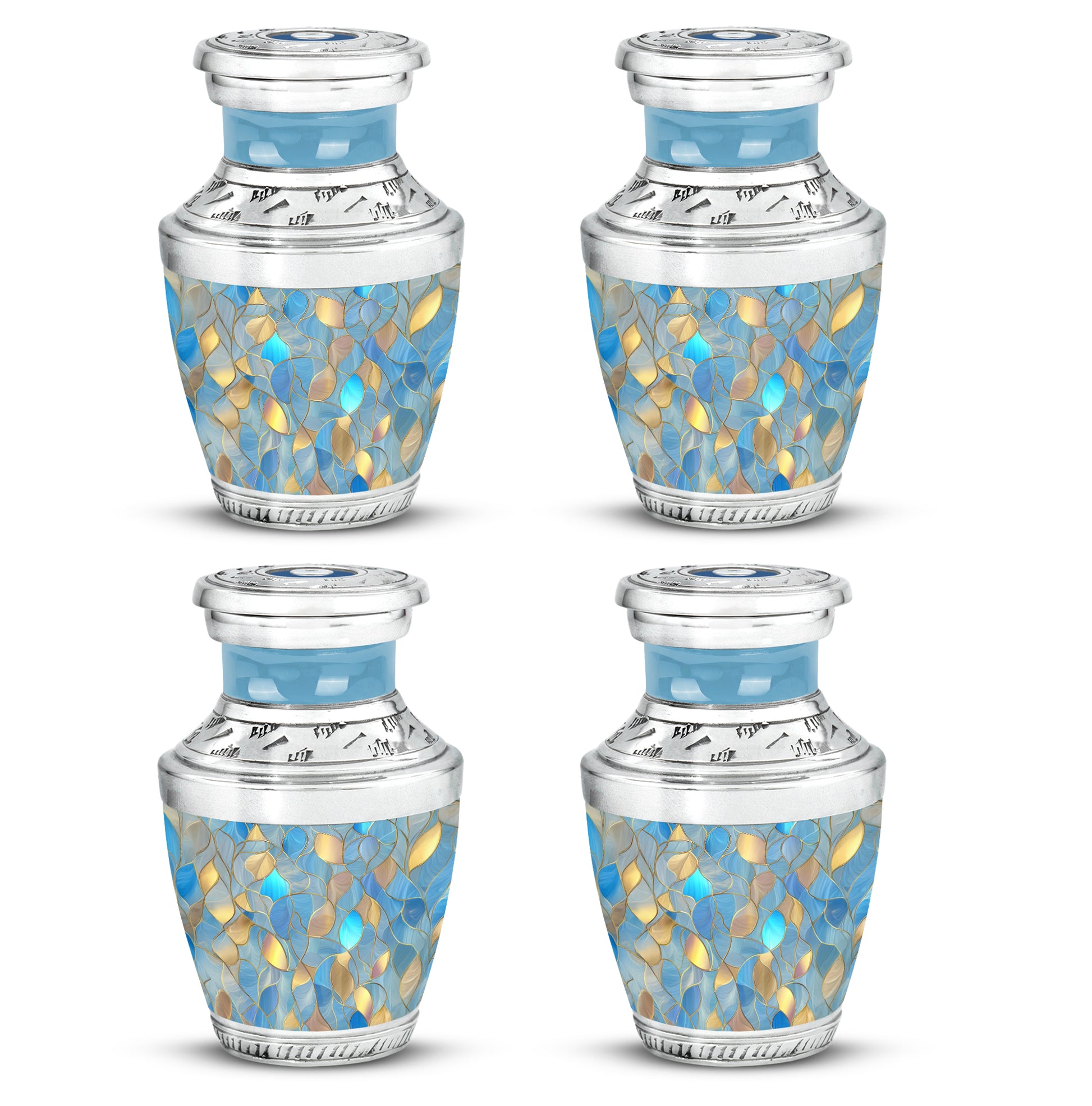 Steel Blue Blue Cremation Urn back view with polished surface - artistic blue interpretation with creative detail - 10 inch aluminum urn for cremated remains