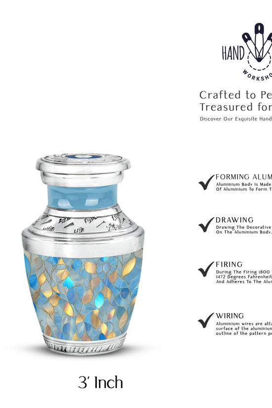 Cornflower Blue Blue Cremation Urn top-down view of secure threaded lid - artistic blue interpretation with creative detail - mini keepsake memorial for portion of cremation ashes