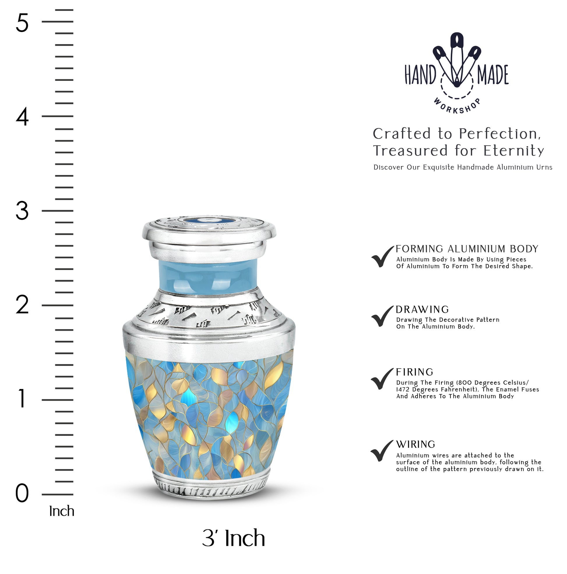 Cornflower Blue Blue Cremation Urn top-down view of secure threaded lid - artistic blue interpretation with creative detail - mini keepsake memorial for portion of cremation ashes
