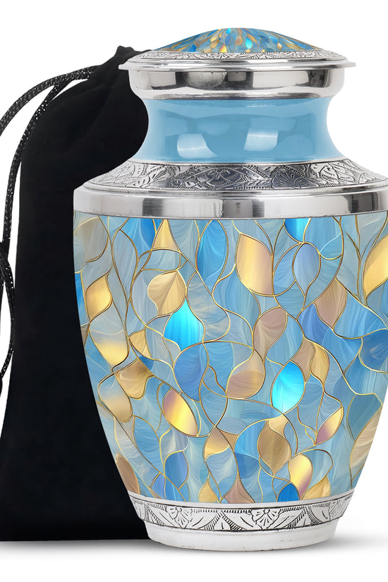 Powder Blue Blue Cremation Urn side profile showing urn shape - modern art-inspired blue motif on sleek aluminum - full-size 10 inch 200 cubic inch adult cremation urn
