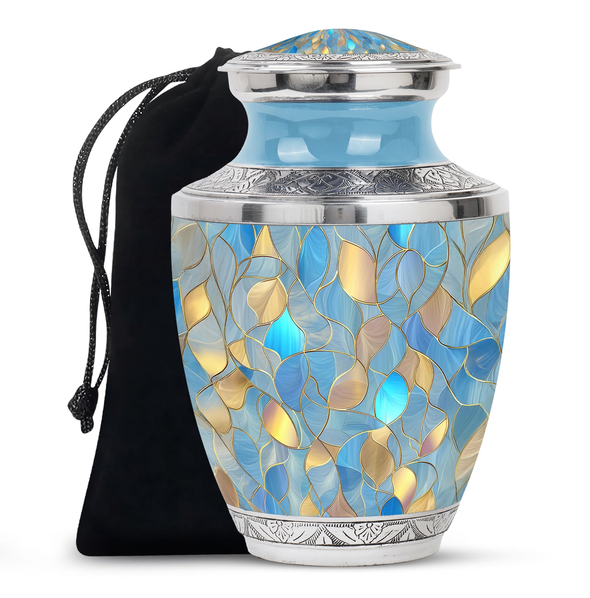 Powder Blue Blue Cremation Urn side profile showing urn shape - modern art-inspired blue motif on sleek aluminum - full-size 10 inch 200 cubic inch adult cremation urn