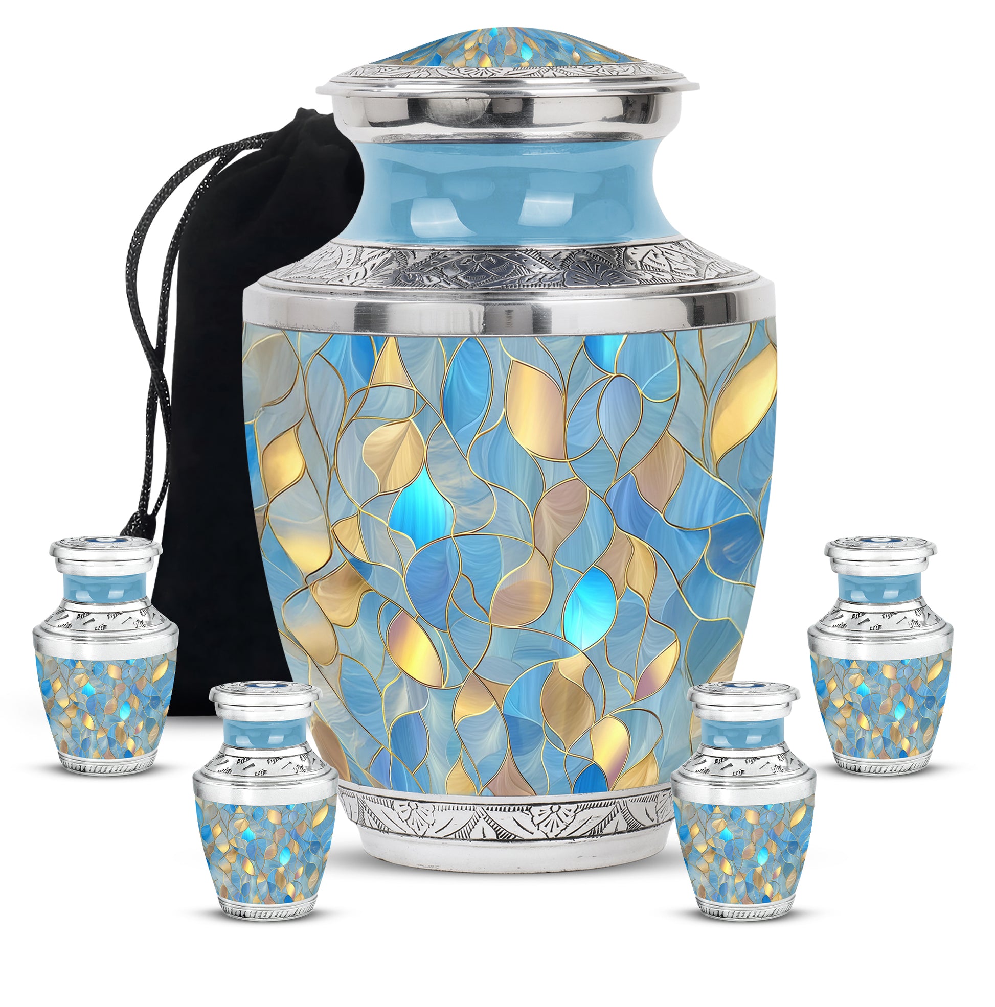 Royal Blue Blue Cremation Urn lifestyle display on memorial shelf - stylized abstract blue pattern with bold lines - memorial set with one large and four small urns